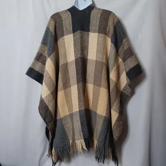 Manos del uruguay Beige & Gray Pure Wool Plaid Shawl. Size S - Picture 7 of 11